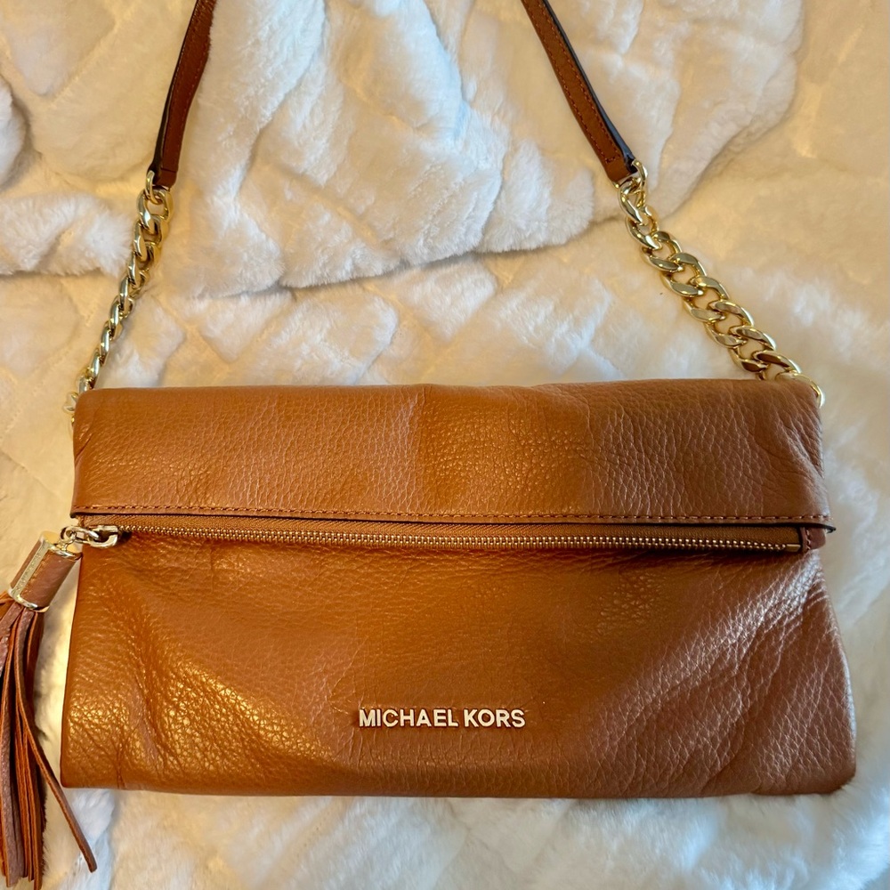 Michael Kors Cognac Leather Fold-Over Clutch with Gold Chain